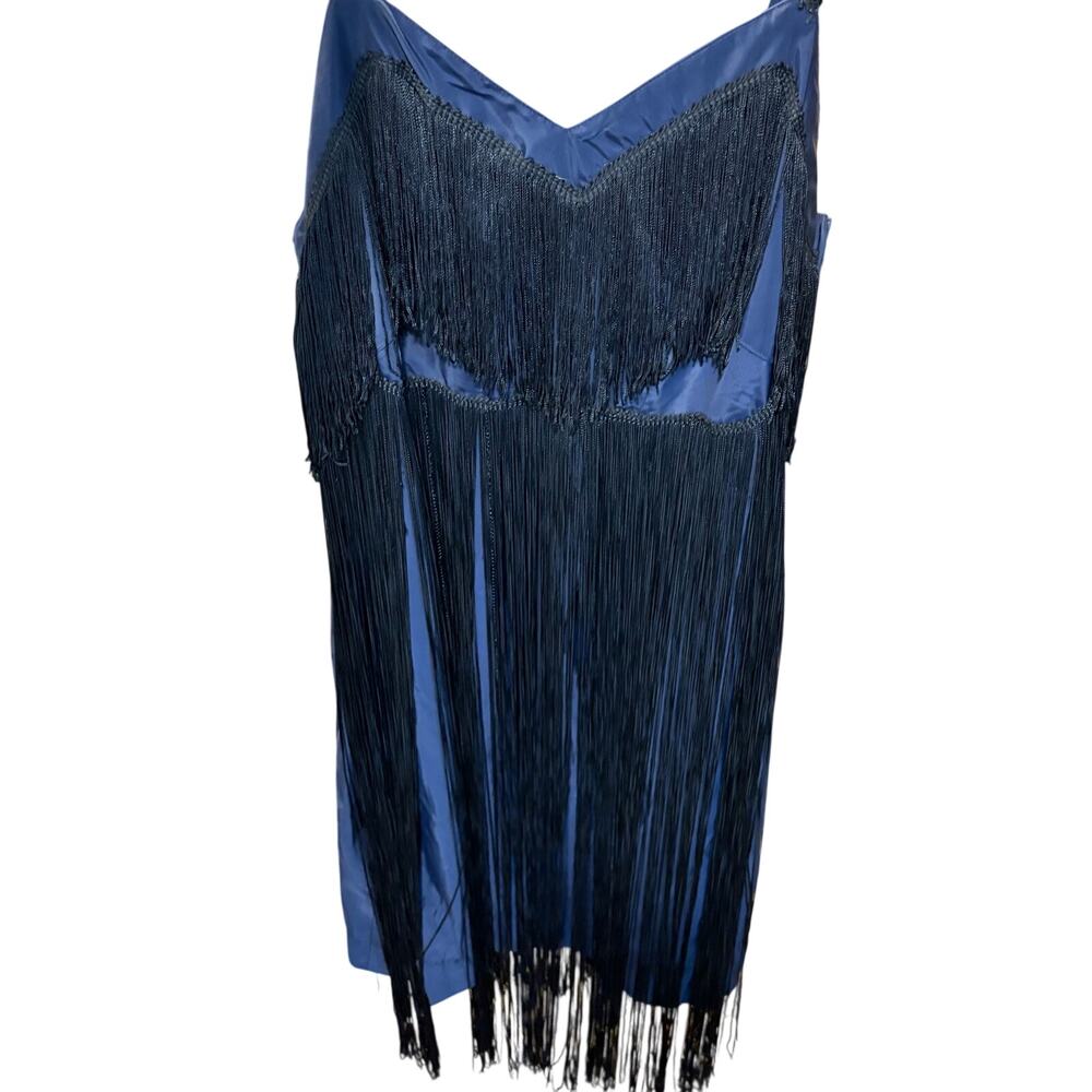 Vintage Navy Blue Black Fringe Flapper Dress Sz S Gatsby Art Deco 20s Cocktail